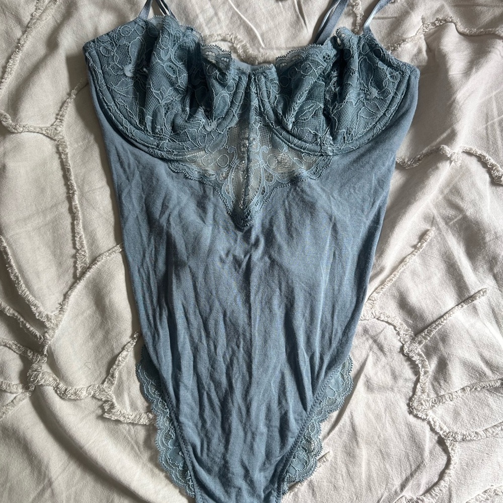 Lace Trimmed Blue Bodysuit